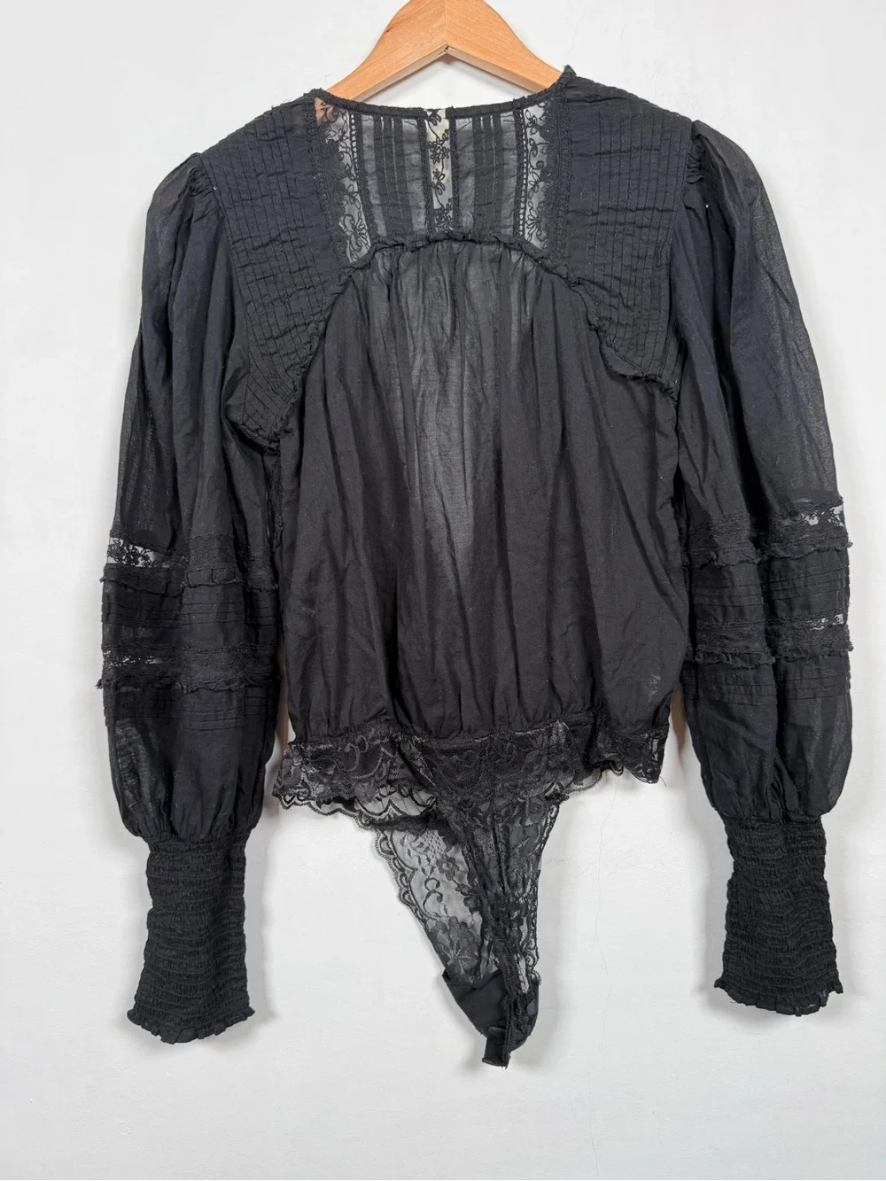 Free People The Eloise Smocked Lace Bodysuit Black Long Sleeve Sz S